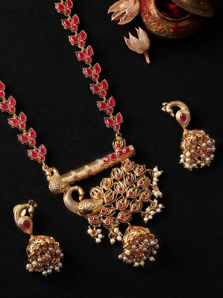 Rubans Women Gold-Plated & Pink Handcrafted Faux Ruby Studded Jewellery Set