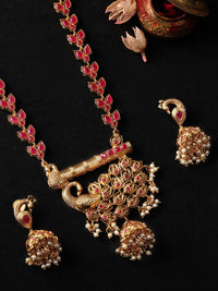 Rubans Women Gold-Plated & Pink Handcrafted Faux Ruby Studded Jewellery Set