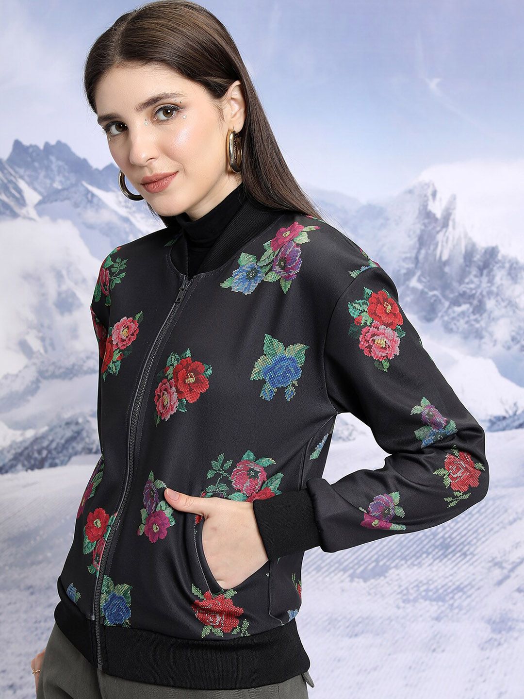 Tokyo Talkies Black Floral Printed Bomber Jacket