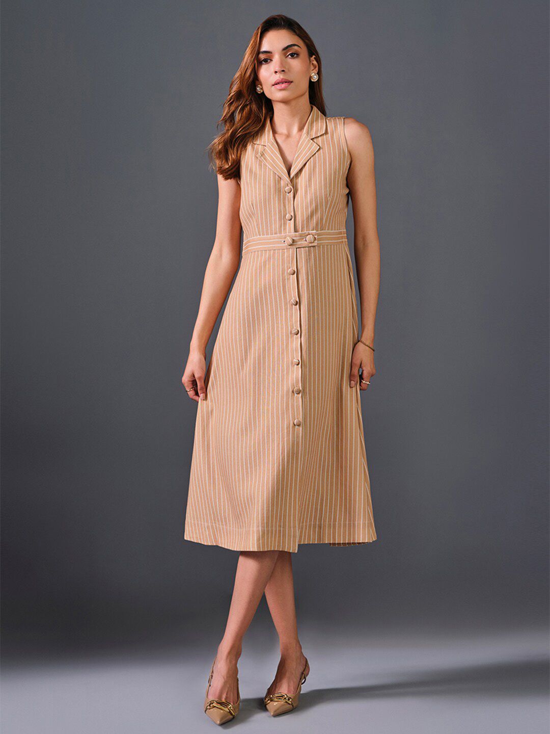 AND Lapel Collar Sleeveless Striped A-Line Midi Dress