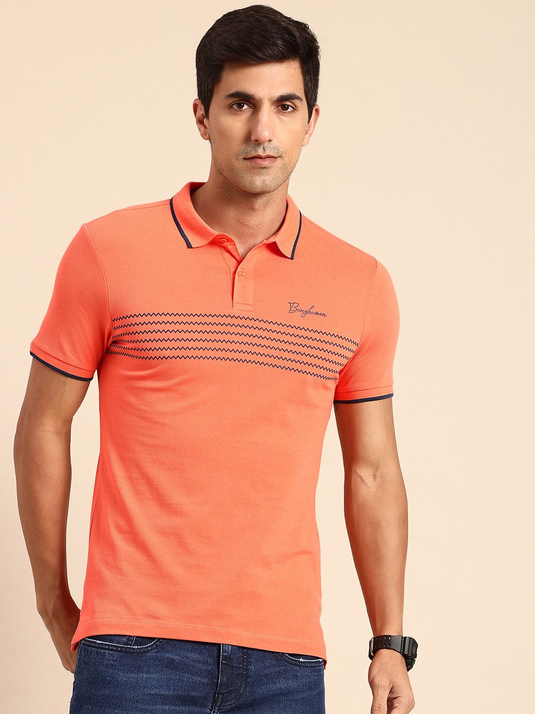 Being Human Pure Cotton Striped Polo Collar T-shirt