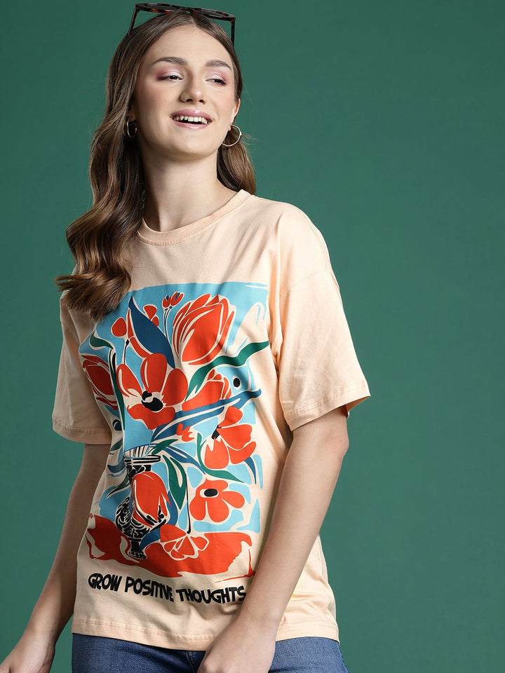 DressBerry Women Floral Printed Drop-Shoulder Sleeves T-shirt