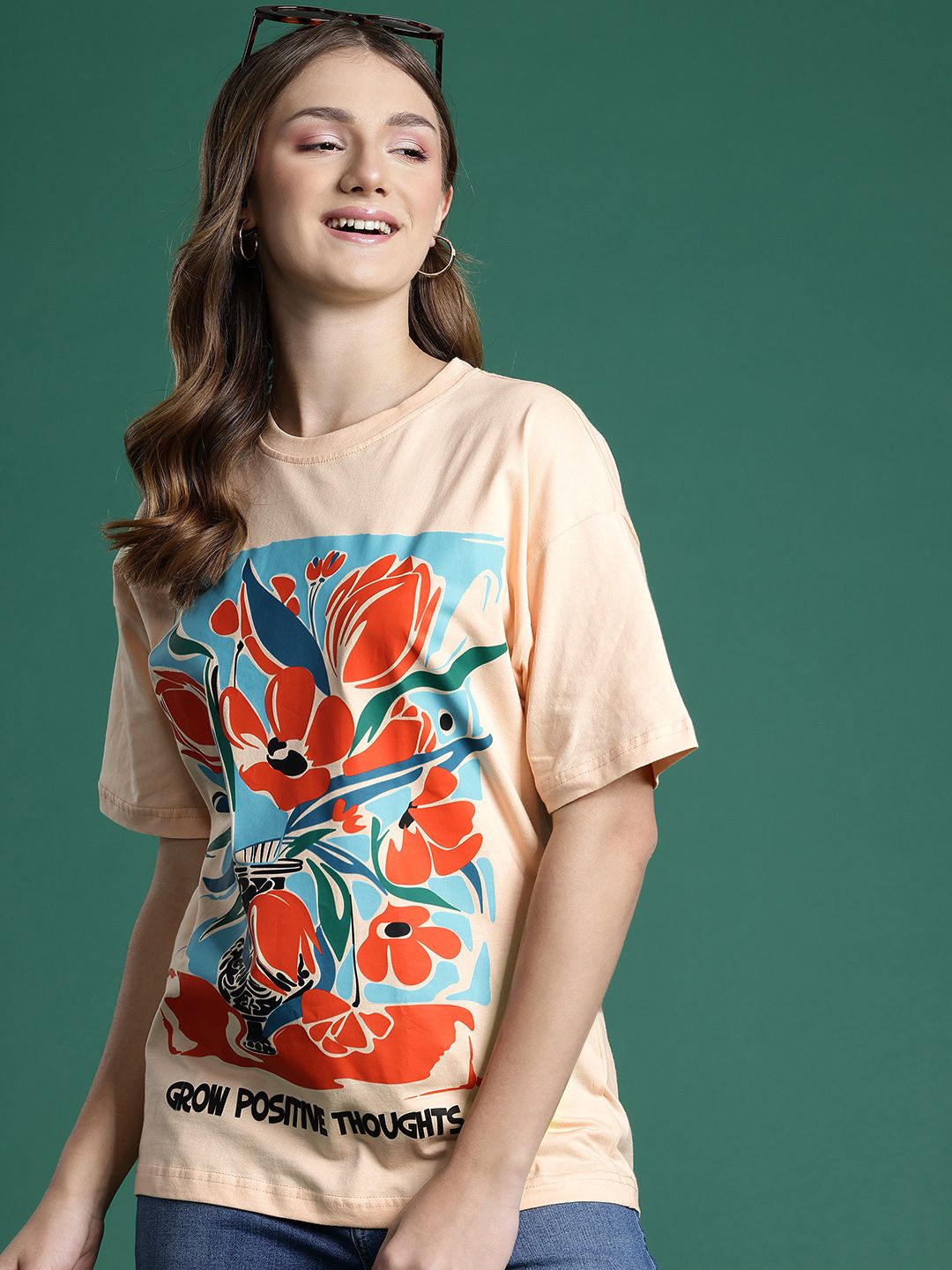 DressBerry Women Floral Printed Drop-Shoulder Sleeves T-shirt
