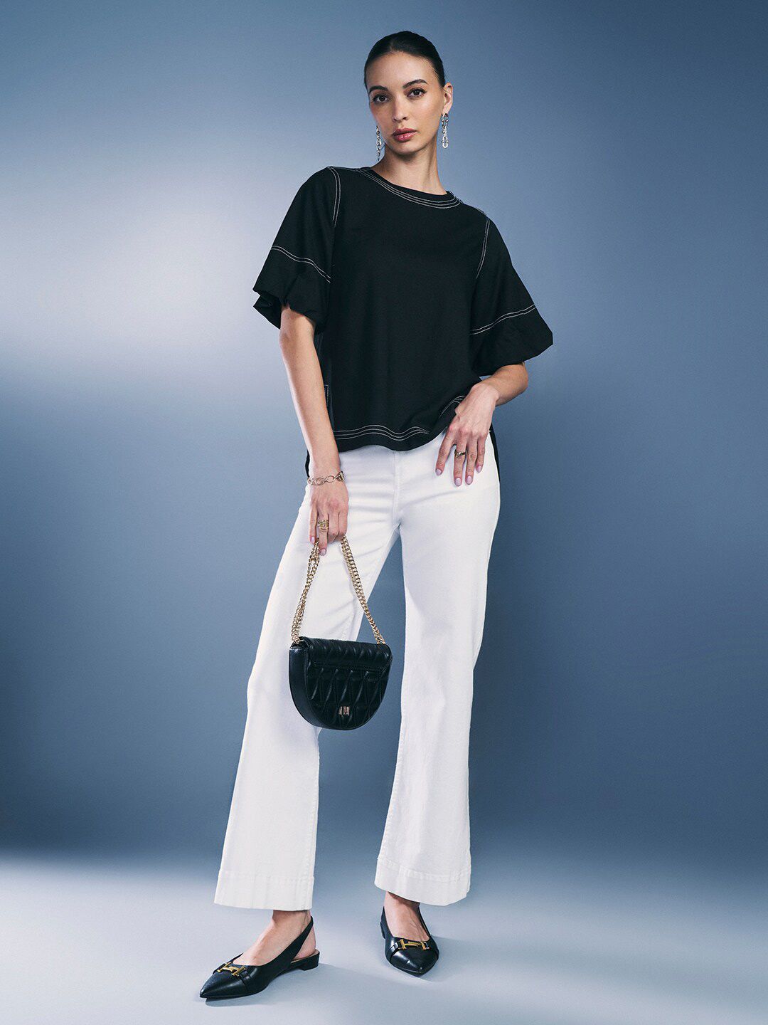 AND Round Neck Flared Sleeves Top