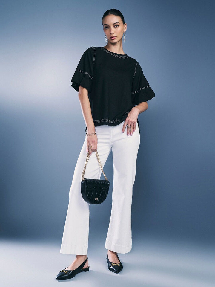 AND Round Neck Flared Sleeves Top