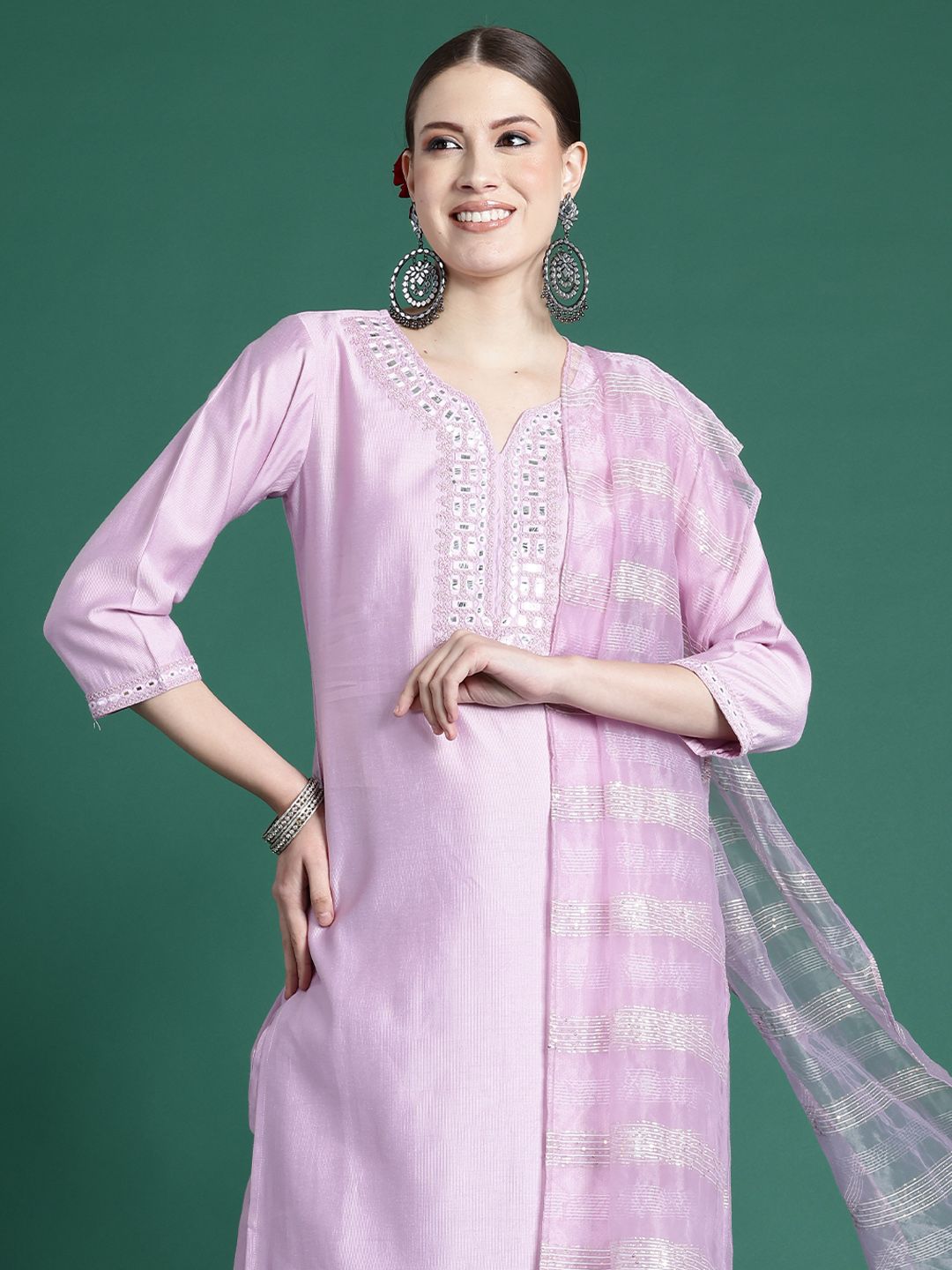 Indo Era Yoke Design Mirror Work Liva Kurta With Trousers & Dupatta