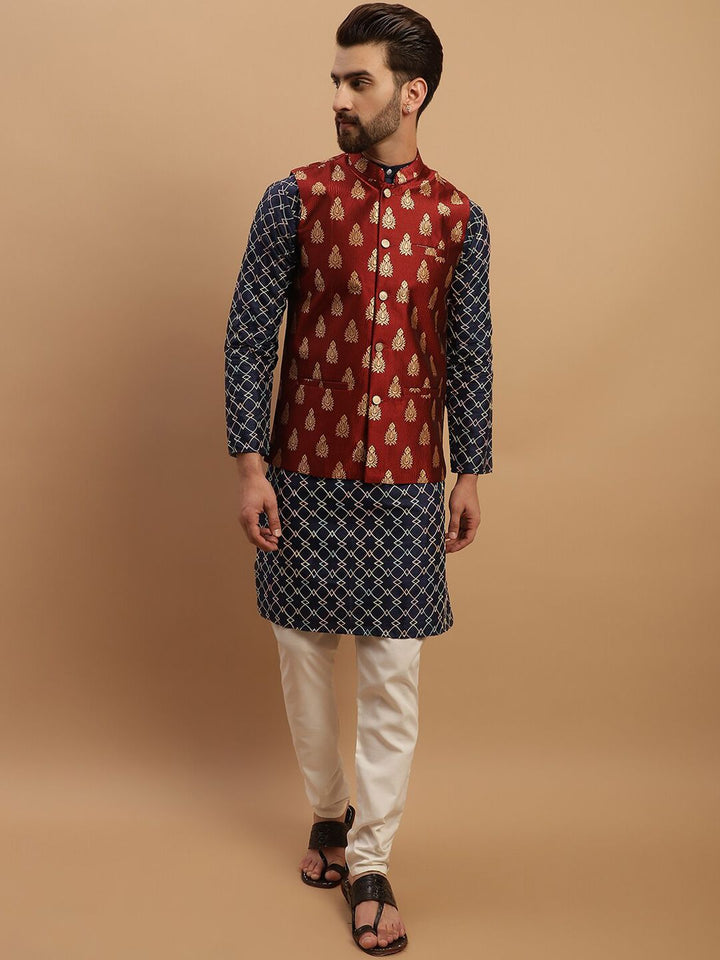 SOJANYA Ethnic Motifs Embroidered Kurta with Churidar & Nehru Jacket