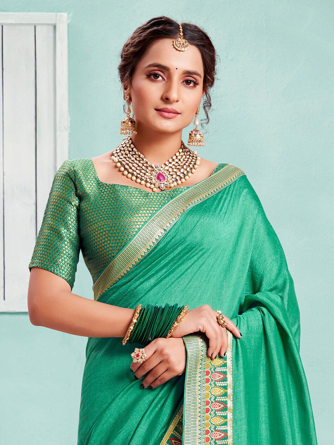 Saree mall Sea Green & Red Woven Design Zari Sarees