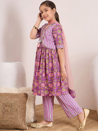 pspeaches Girls Floral Printed Gotta Patti Pure Cotton Kurta & Palazzos With Dupatta