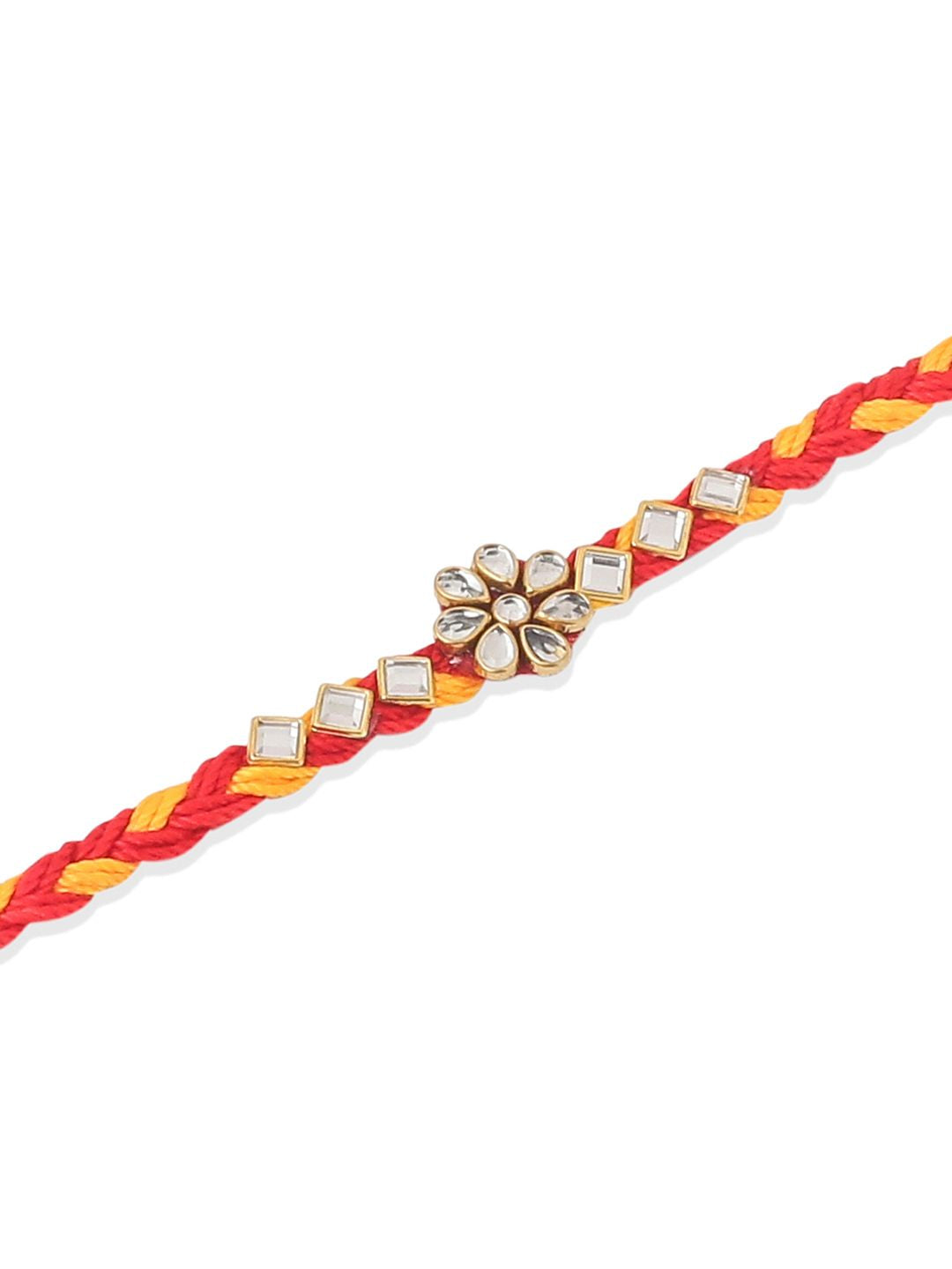 NVR Unisex Set of 6 Kundan Studded Floral Thread Rakhi with Roli Chawal Chandan Mishri