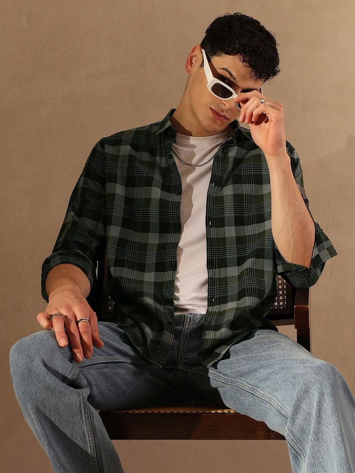 DENNISON Smart Tartan Checked Spread Collar Casual Shirt