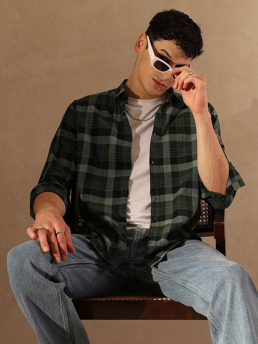 DENNISON Smart Tartan Checked Spread Collar Casual Shirt