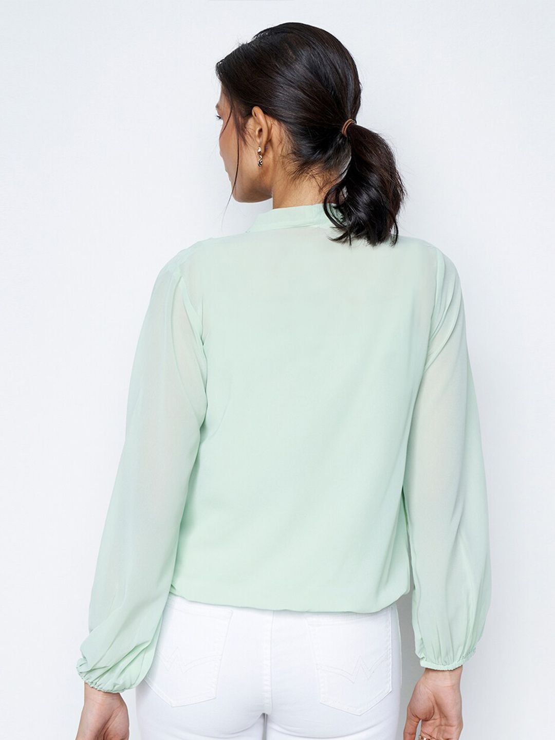 AND Embellished Puff Sleeves Gathered Detailed Wrap Top