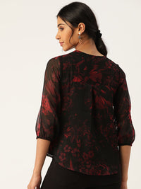 Antheaa Women Black & Red Floral Print Tie-Up Neck Top