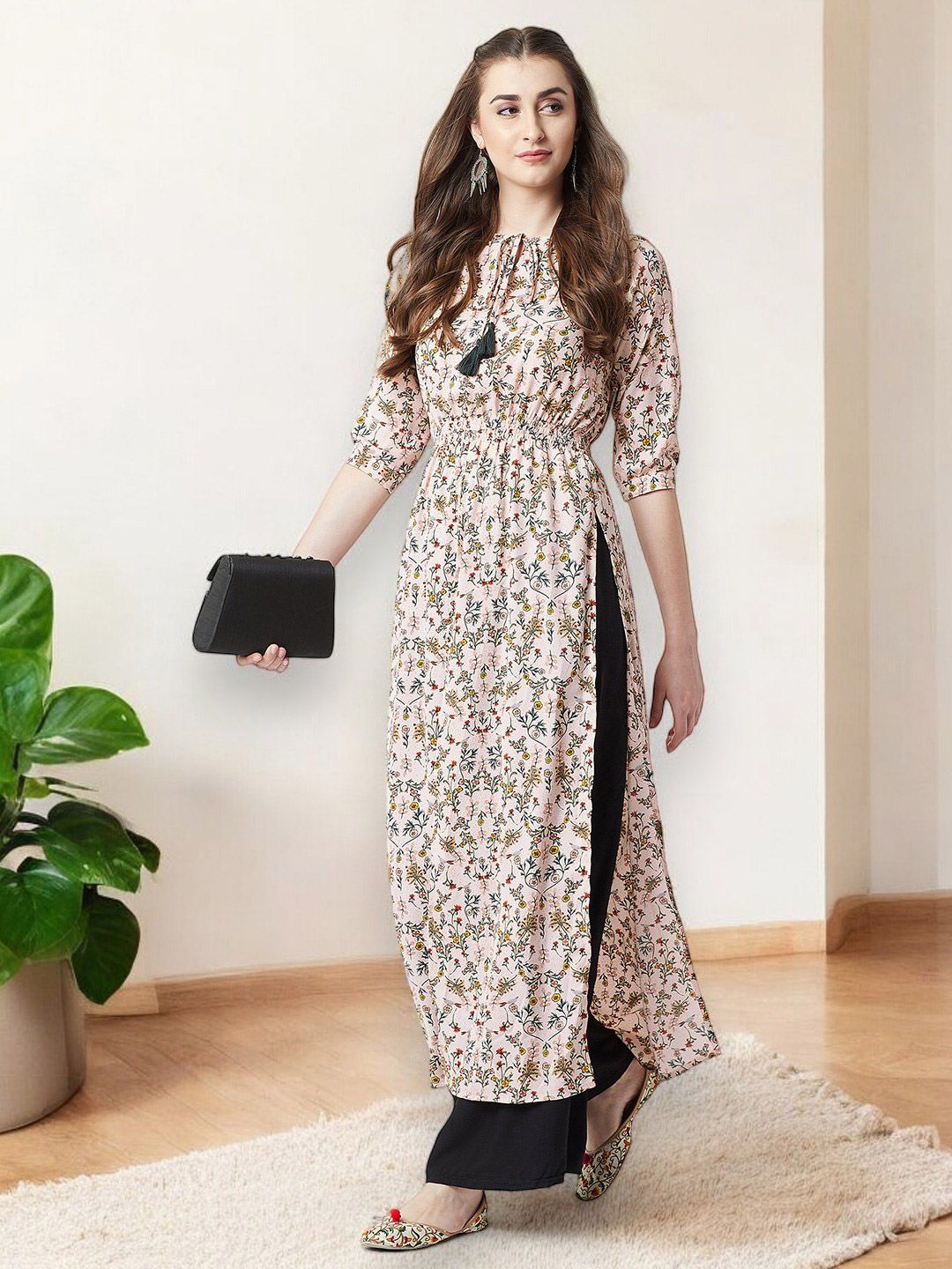 Miss Chase Pink Floral Printed Tie-up Neck Crepe Maxi Longline Top