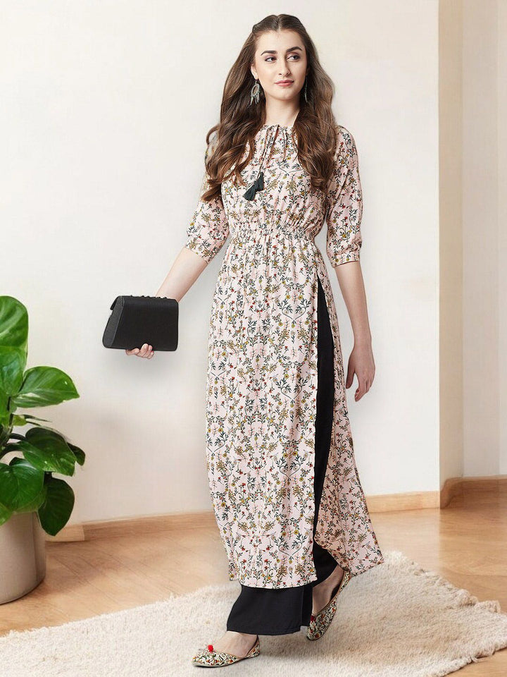 Miss Chase Pink Floral Printed Tie-up Neck Crepe Maxi Longline Top