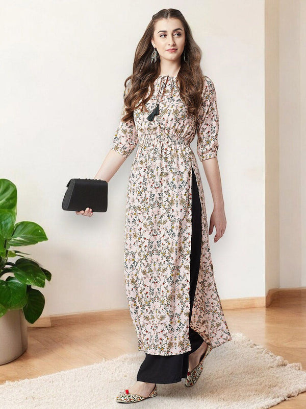 Miss Chase Pink Floral Printed Tie-up Neck Crepe Maxi Longline Top