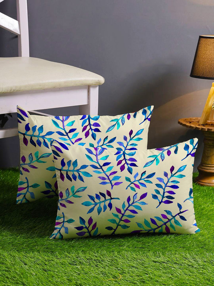 STITCHNEST Set Of 2 Blue & Beige Floral Printed Rectangle Cushion Covers