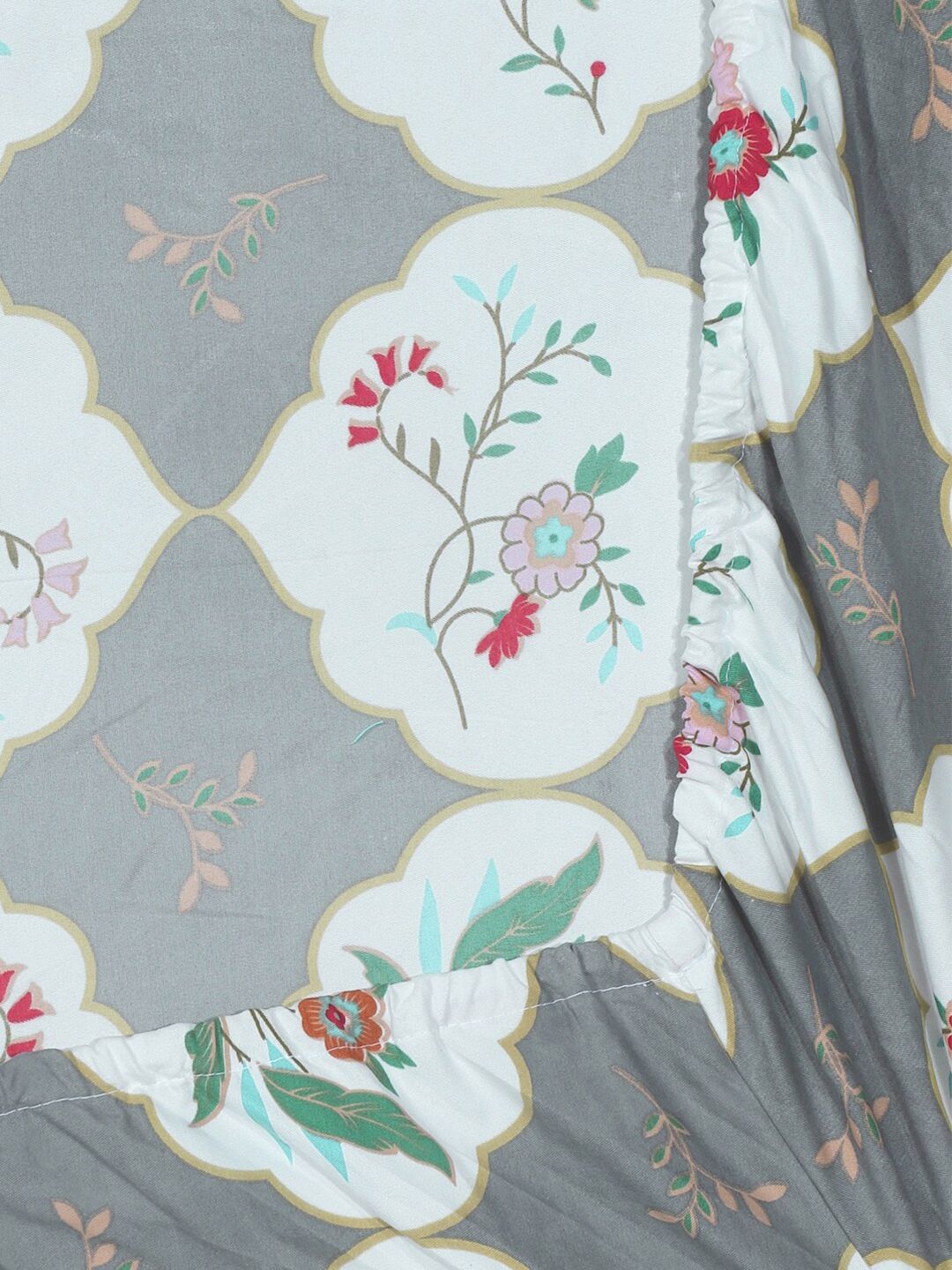 KLOTTHE Grey Floral Printed 300 TC Fitted Super King Double Bedsheet with 2 Pillow Covers