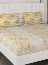 Monte Carlo Yellow & White Geometric Cotton 144 TC Queen Bedsheet With 2 Pillow Covers
