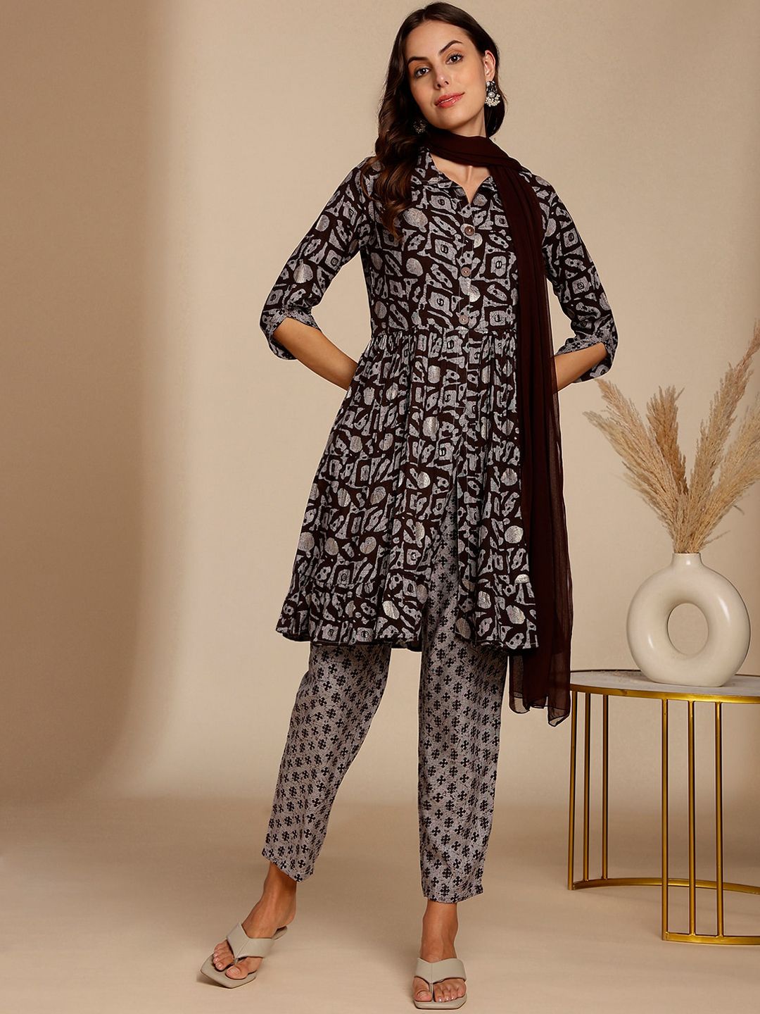 Anouk Brown Abstract Printed A-Line Kurta with Trousers & Dupatta