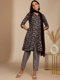 Anouk Brown Abstract Printed A-Line Kurta with Trousers & Dupatta