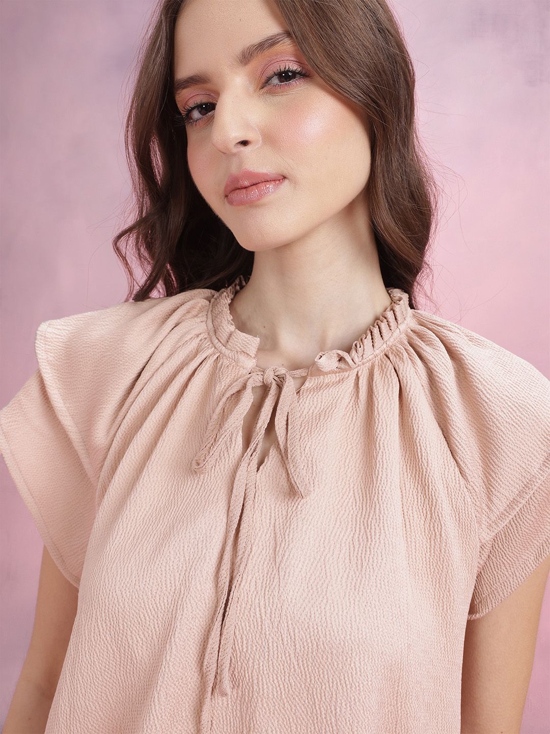 DressBerry Tie-Up Neck Crinkle Ruffled Top