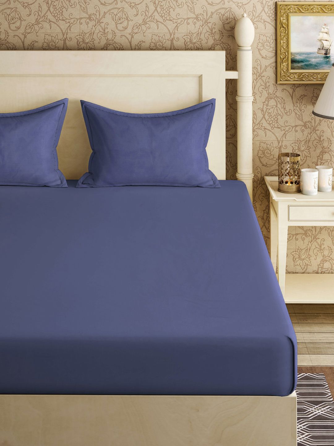 Aura Blue Cotton 300 TC Fitted King Fine Bedsheet dengan 2 Sarung Bantal-98 x 89 inci