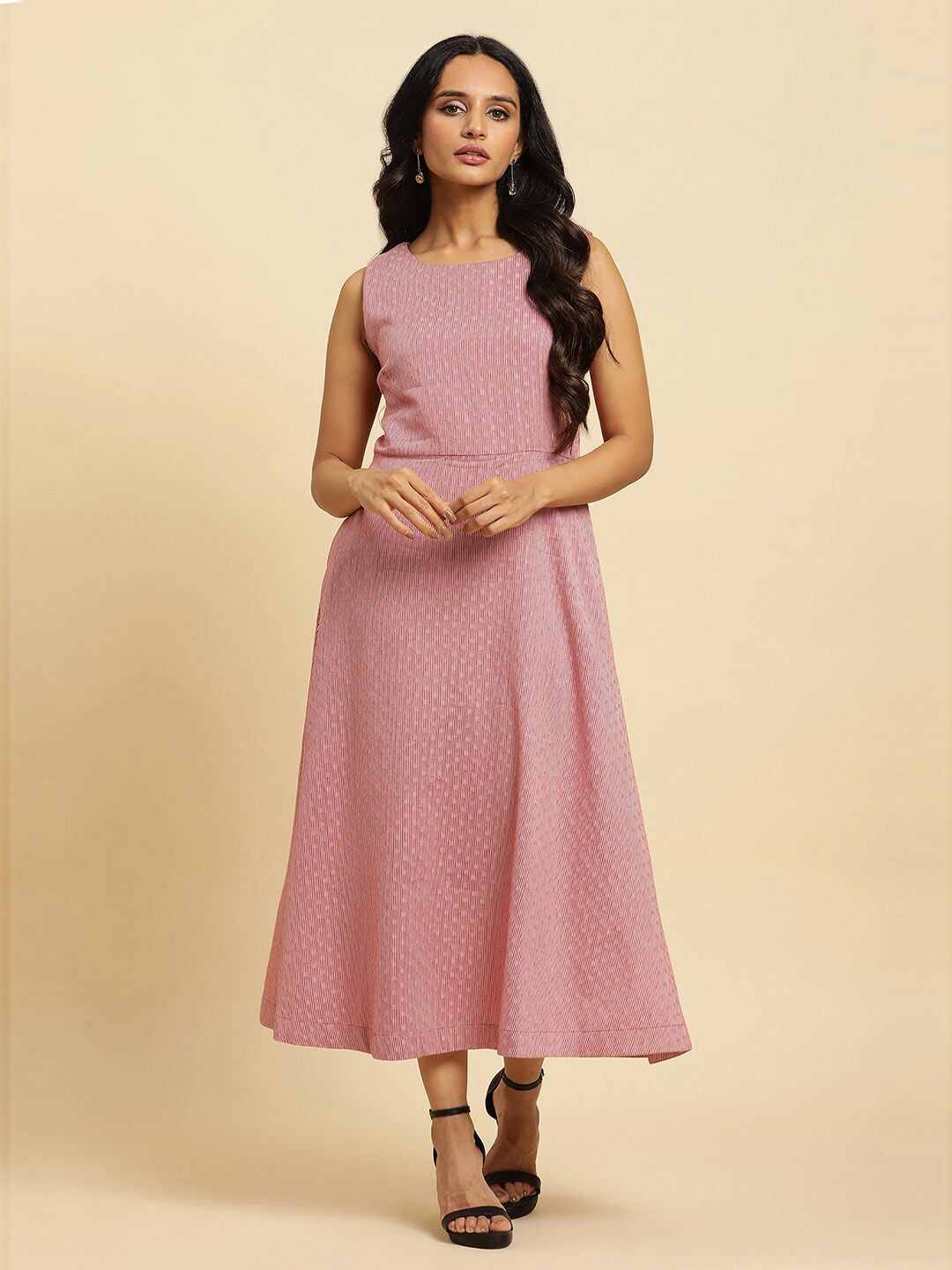 W Pink Round Neck Striped Cotton A-Line Midi Dress