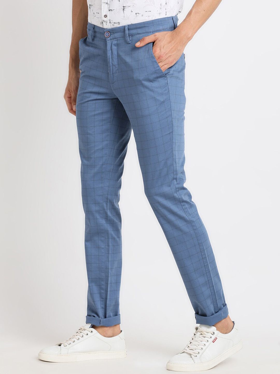 Turtle Men Smart Tapered Fit Checked Chinos Trousers