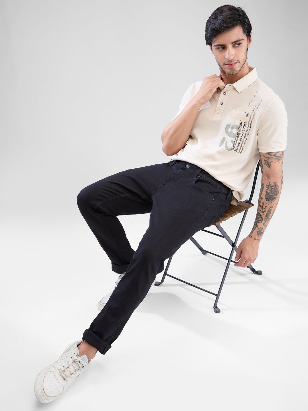 SPYKAR Men Typography Printed Polo Collar Slim Fit Pure Cotton T-shirt