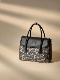 ZOUK Floral Printed Structured Jute Handheld Bag