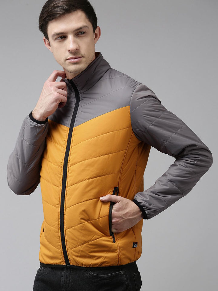 SPYKAR Men Grey & Mustard Yellow Colourblocked Padded Jacket