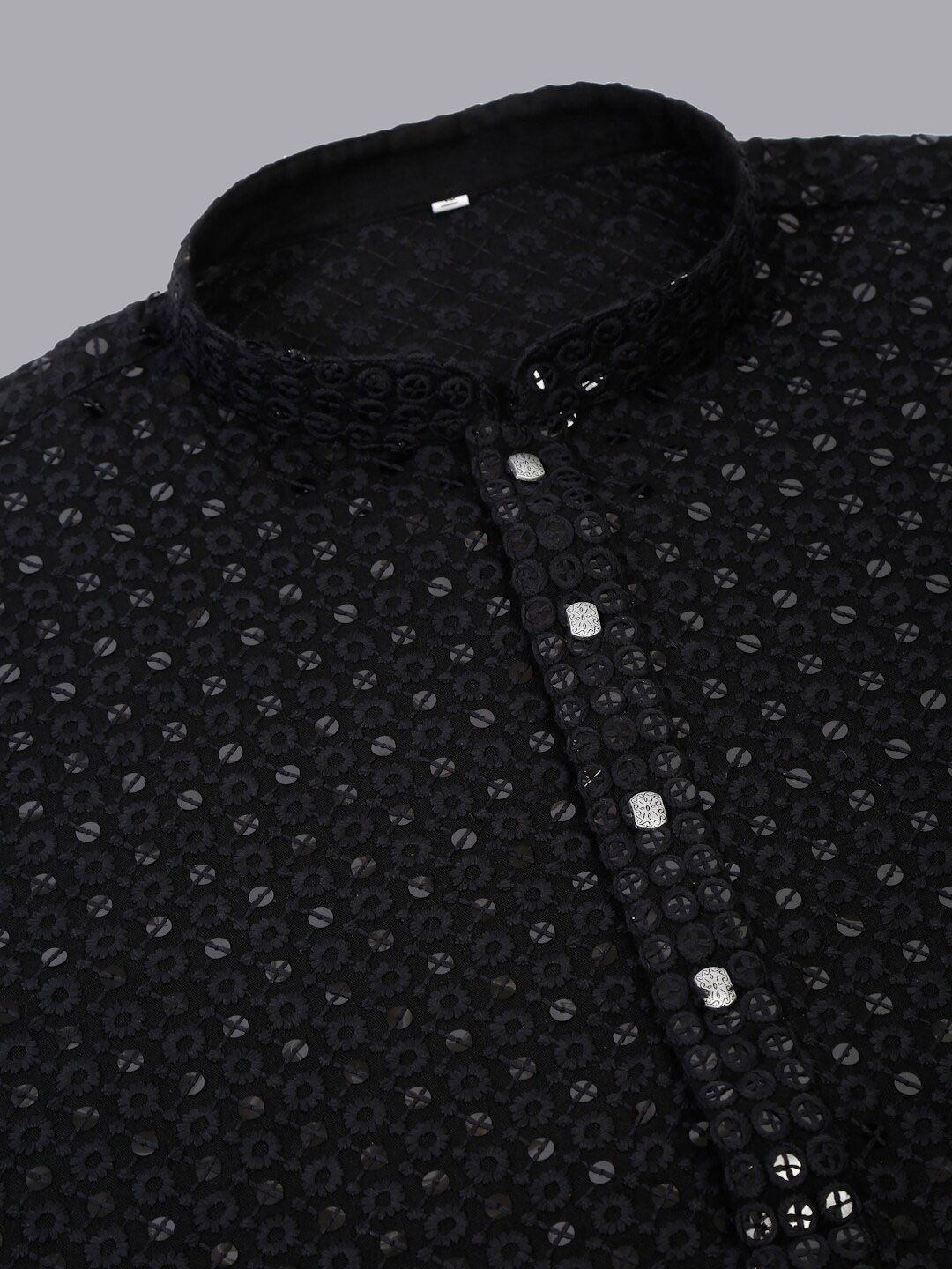 Jompers Men Black Floral Embroidered Chikankari Pure Cotton Kurta with Churidar