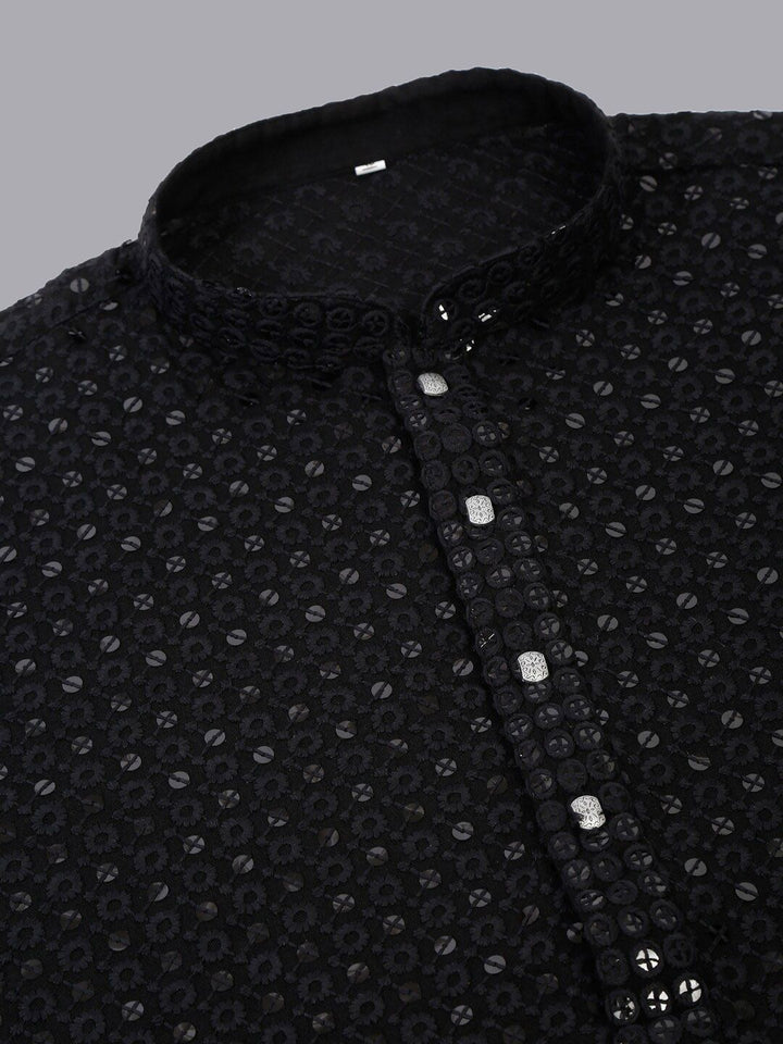 Jompers Men Black Floral Embroidered Chikankari Pure Cotton Kurta with Churidar