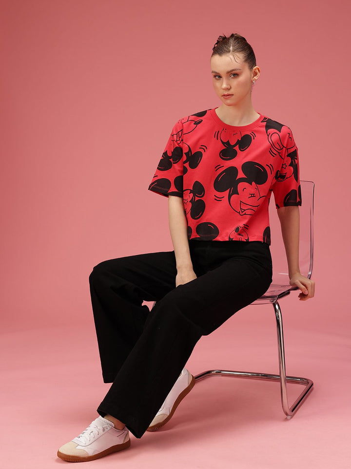 DressBerry Mickey Mouse Printed Drop-Shoulder Sleeves Relaxed Fit Pure Cotton T-shirt