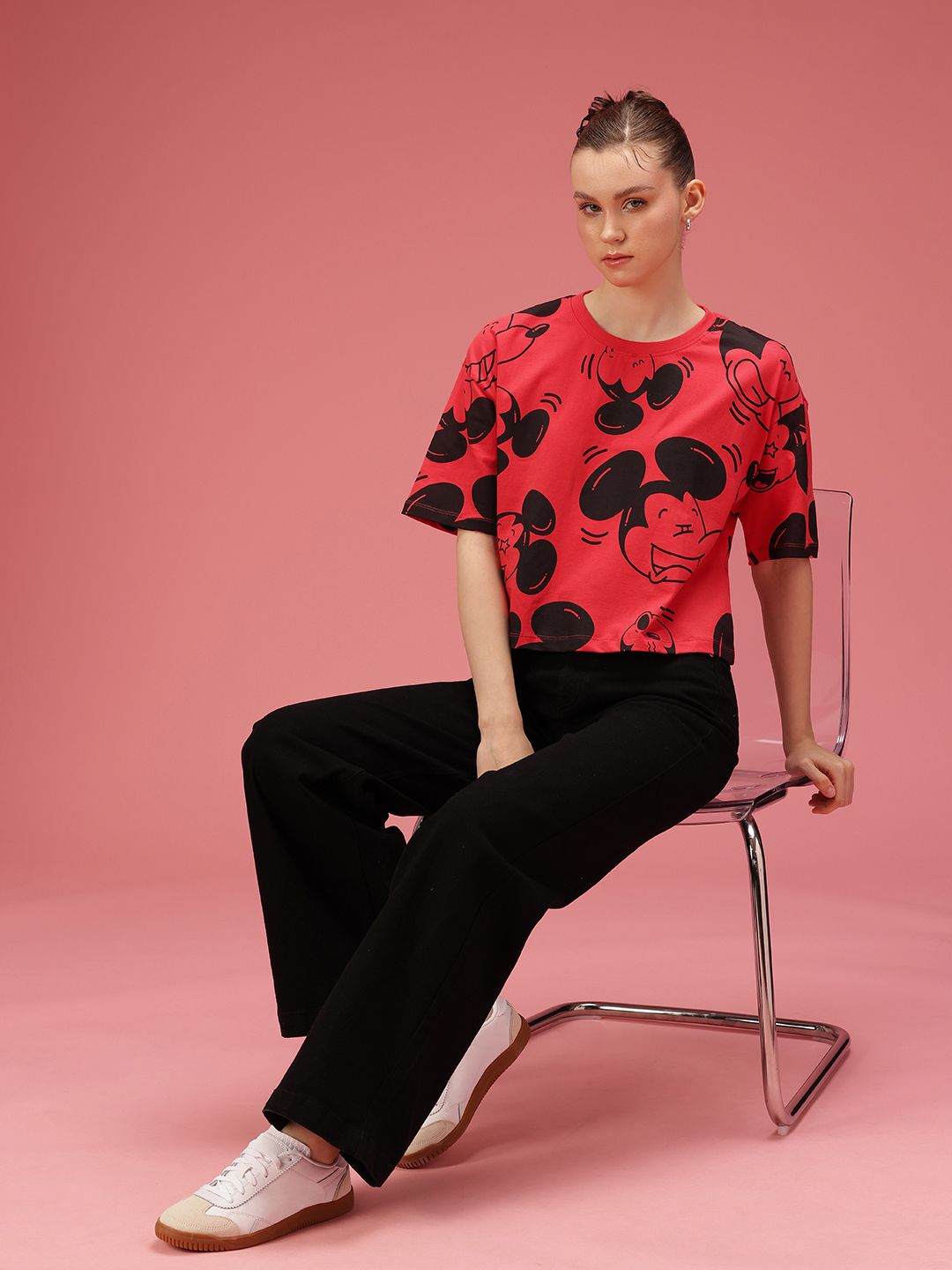 DressBerry Mickey Mouse Printed Drop-Shoulder Sleeves Relaxed Fit Pure Cotton T-shirt