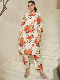 Indo Era Floral Printed V-Neck Pure Cotton Straight Kurta with Trousers