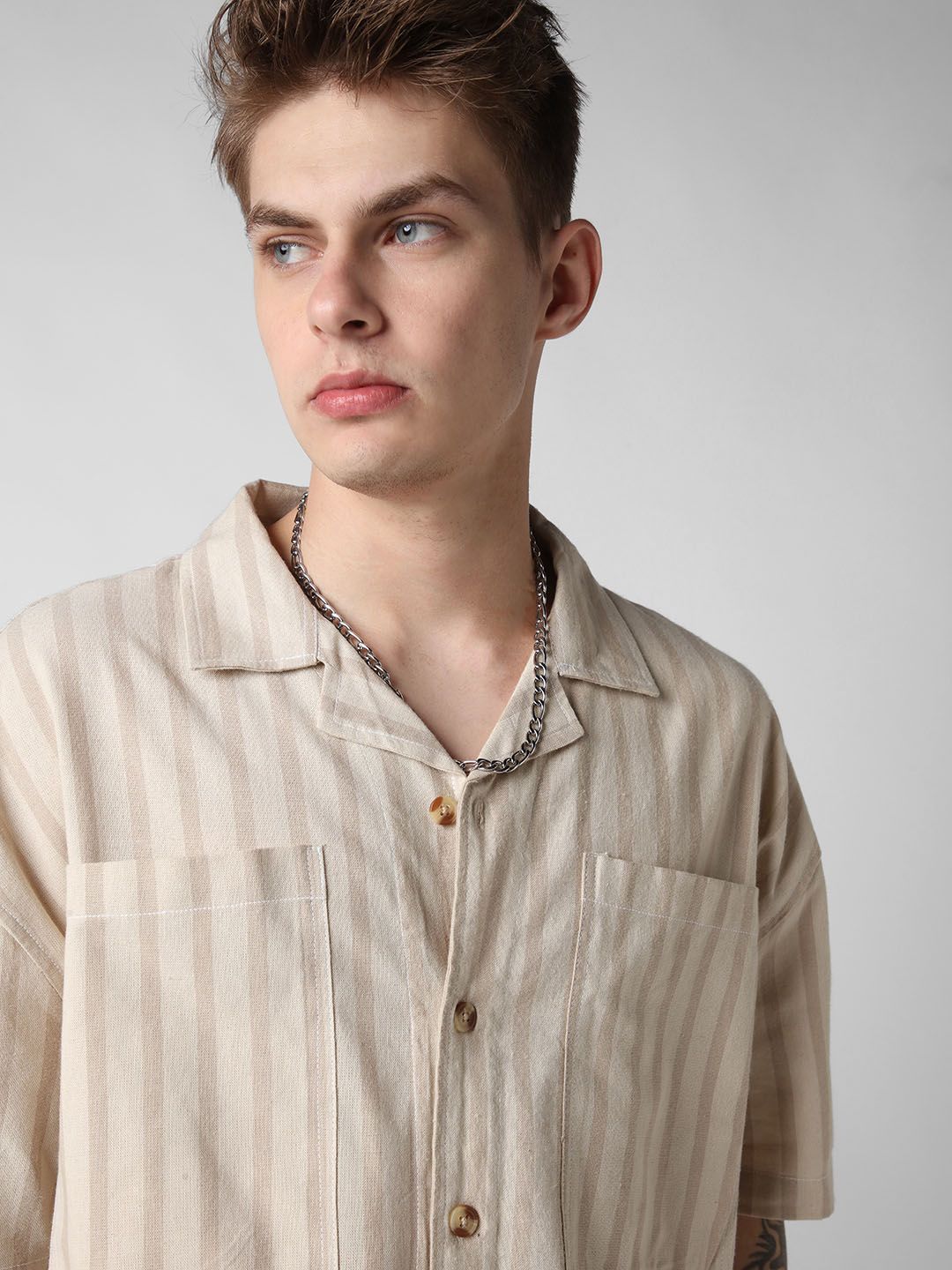 VASTRADO Men Striped Double Pocket Cotton Oversized Cropped Shirt