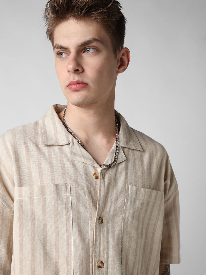 VASTRADO Men Striped Double Pocket Cotton Oversized Cropped Shirt