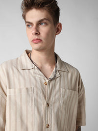 VASTRADO Men Striped Double Pocket Cotton Oversized Cropped Shirt