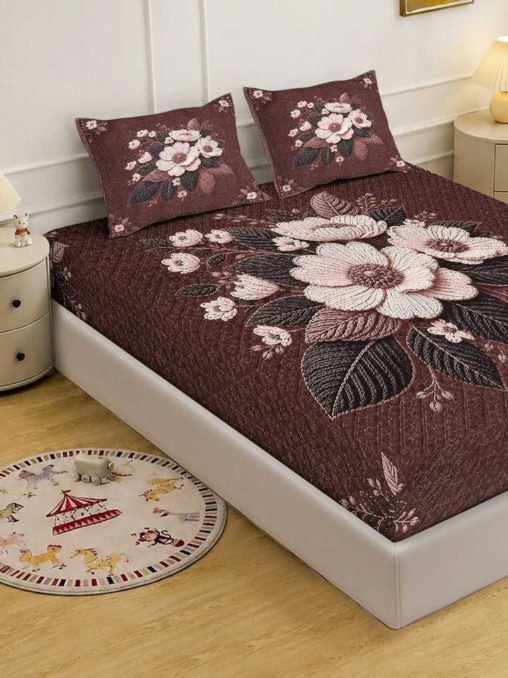 KLOTTHE Brown & Pink Floral 400 TC King Bedsheet with 2 Pillow Covers