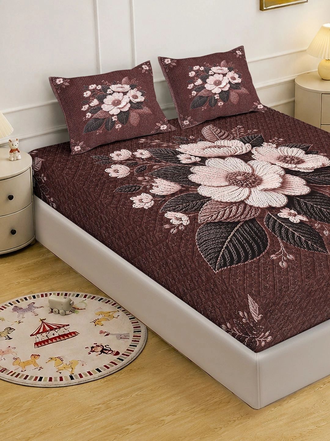 KLOTTHE Brown & Pink Floral 400 TC King Bedsheet with 2 Pillow Covers