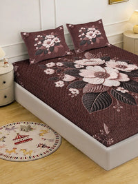 KLOTTHE Brown & Pink Floral 400 TC King Bedsheet with 2 Pillow Covers
