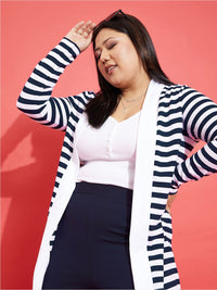 SASSAFRAS Curve Plus Size Striped Cotton Longline Open Front Shrug