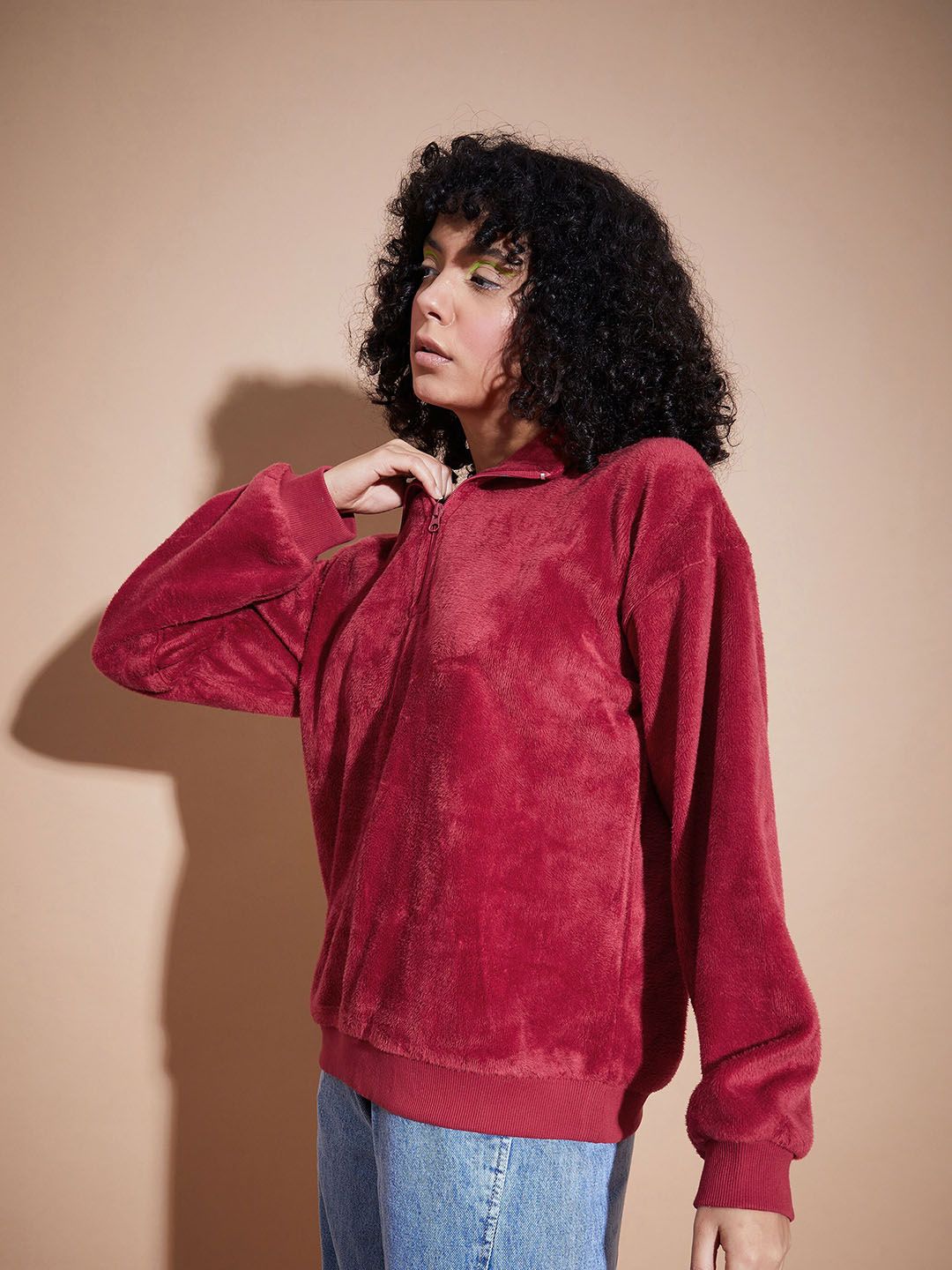 SASSAFRAS BASICS High Collar Long Sleeves Oversized Fleece Pullover Sweatshirt