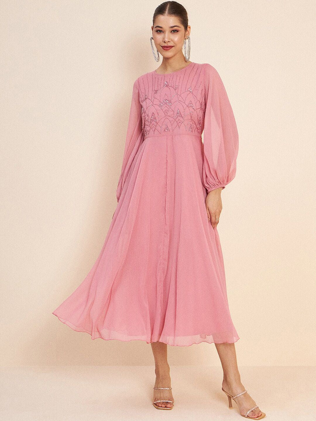 Antheaa Pink Embellished Puff Sleeves Gathered Fit & Flare Midi Dress