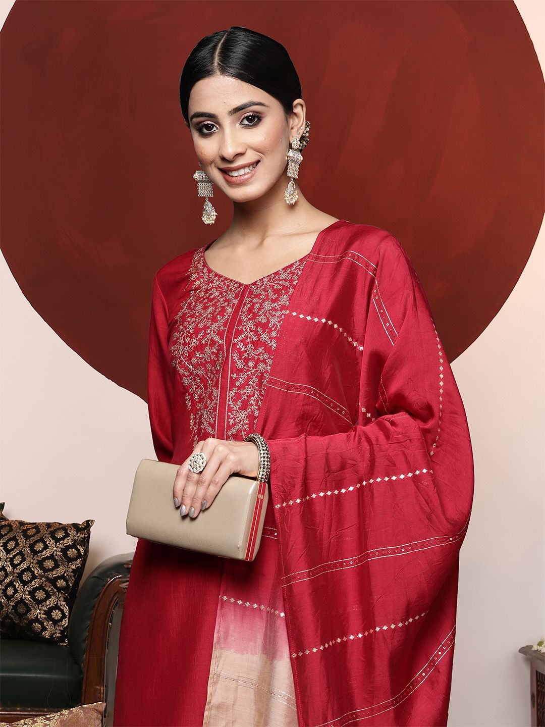 Varanga Women Maroon Yoke Design Kurta with Trousers & With Dupatta