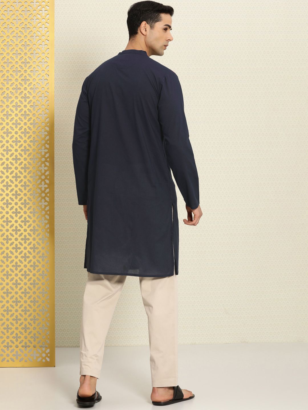 House of Pataudi Pure Cotton Band Collar Regular Rozana Kurta