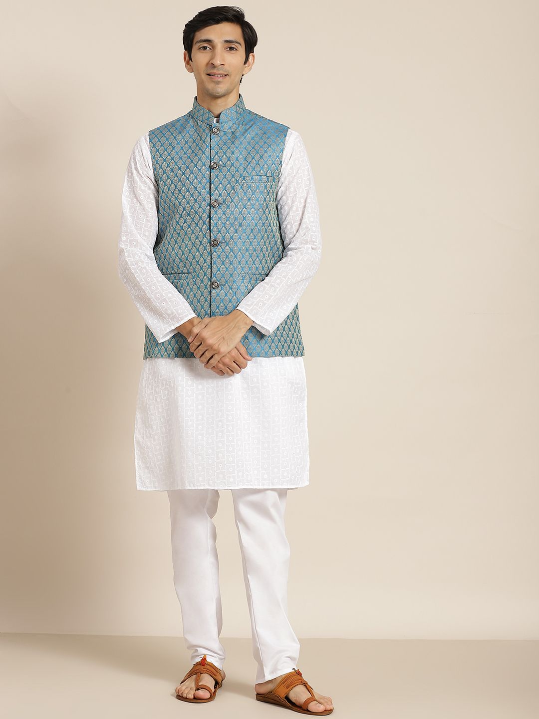 SOJANYA Men White Chikankari Pure Cotton Kurta with Churidar & Nehru Jacket